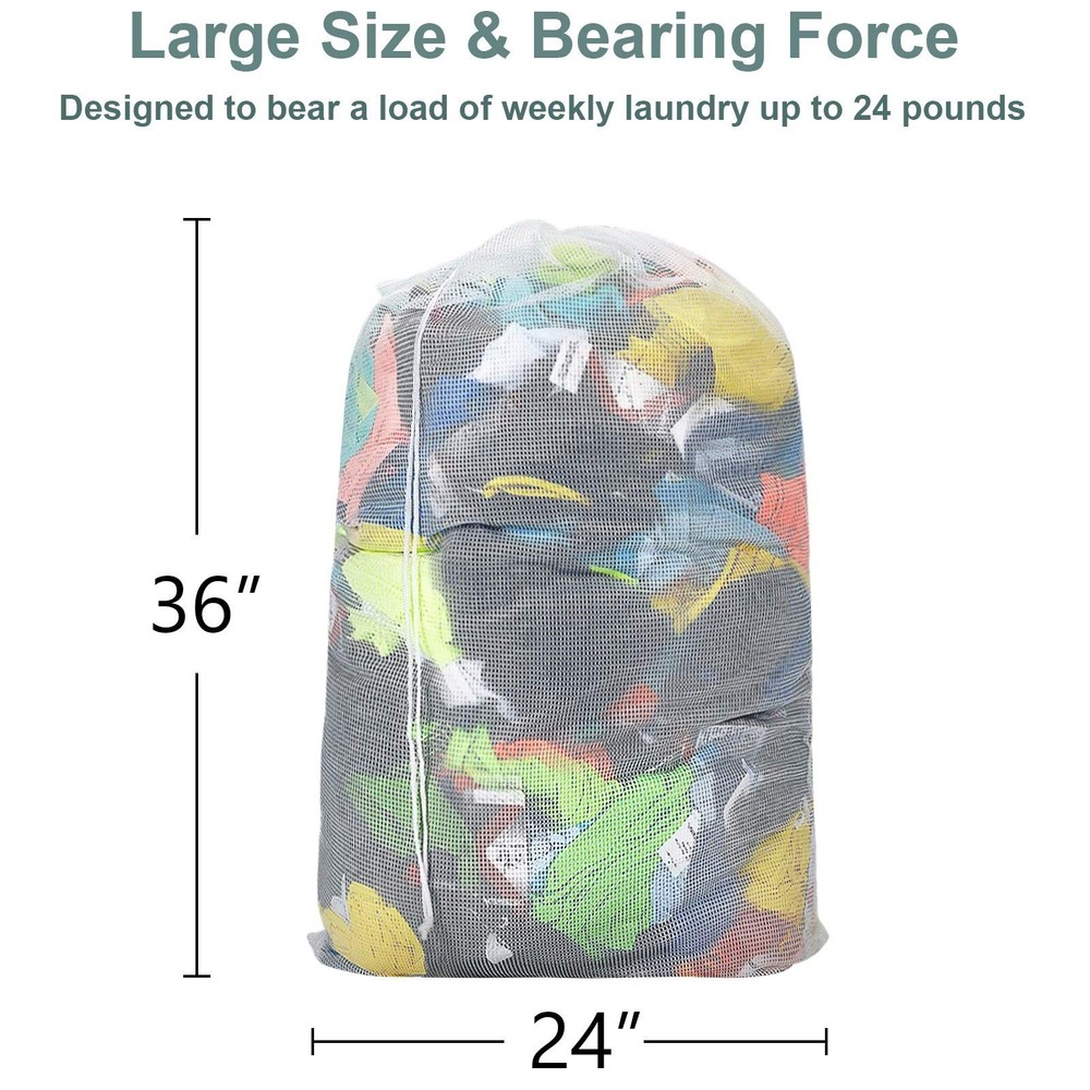 Laundry Bags, Mesh Heavy Duty 24" x 36" with Drawstring Closure, 3-Pack, White