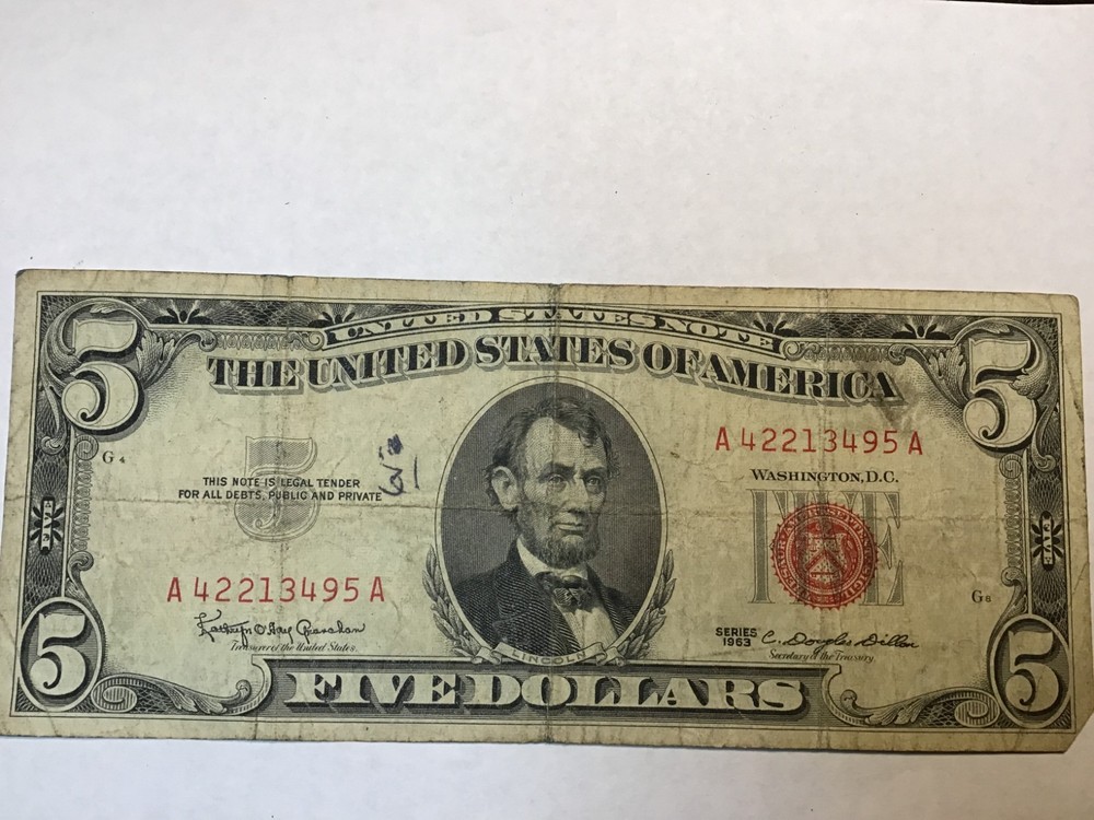 1963 or 1953 Five Dollar Red Seal $5 Red Seal Note US, 1 note