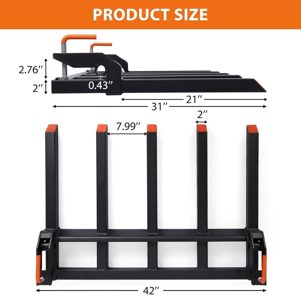 42-Inch Clamp-On Pallet Fork for Tractor/Loader, 2500 lb Capacity,Rust Resistant