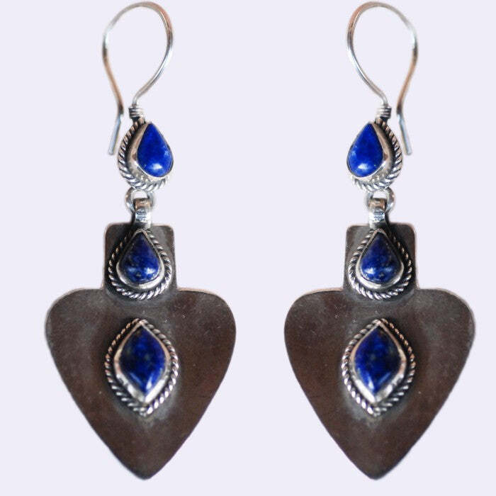 Turkmen Silver Lapis Heart Earrings