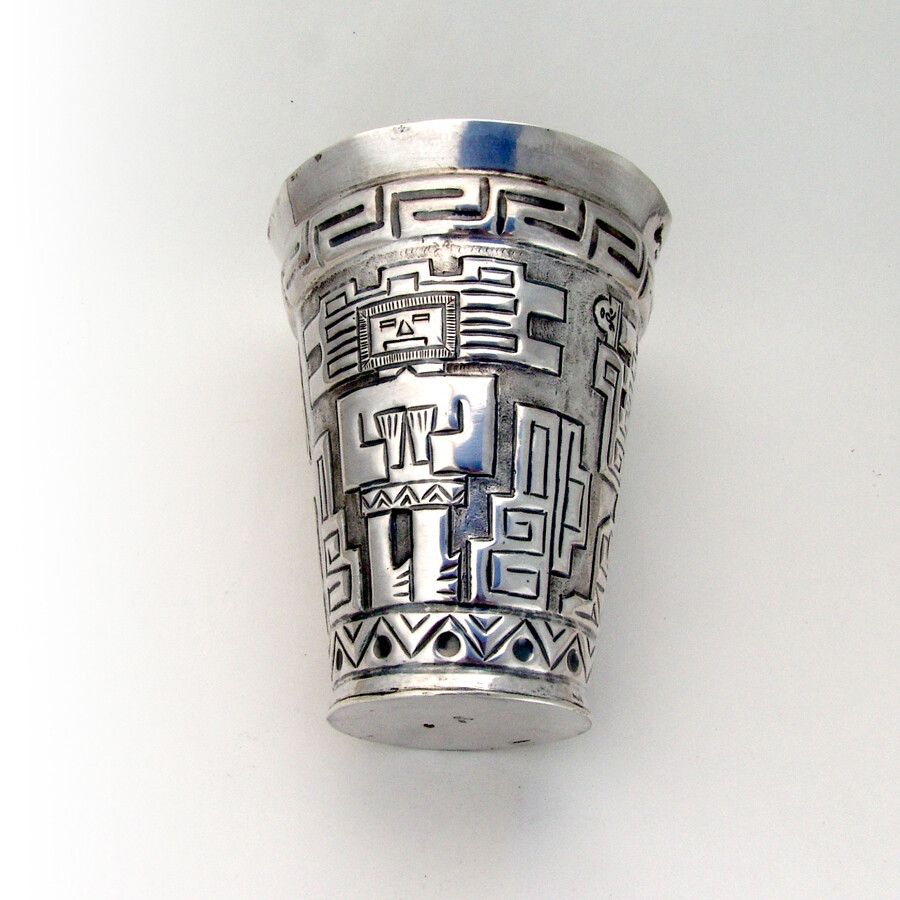 Peruvian Silver Large Beaker Shots Set Repousse Patterns 1930