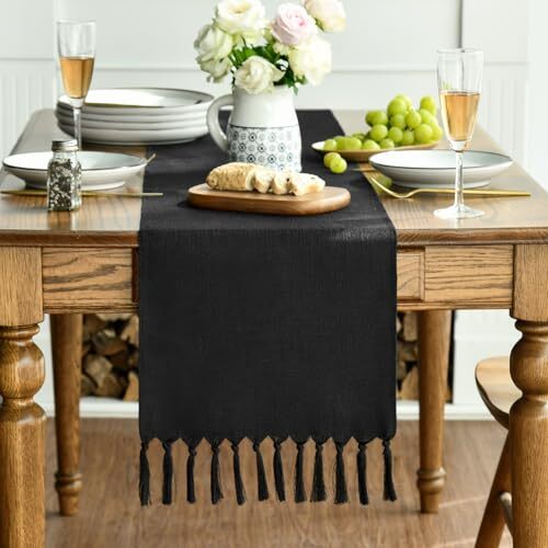 Tassel Table Runner, Halloween Linen Blend 13" x 72", Table Runner Black