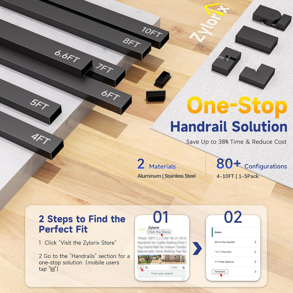36" Modular Cable Railing Post Kit - 12-16FT Adjustable DIY Deck System