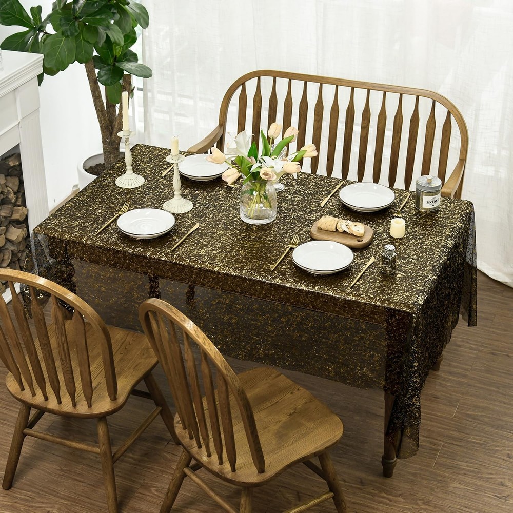 Black Gold Gauze Tablecloth 60x104 Inch Rectangular Sequin Glitter Metallic