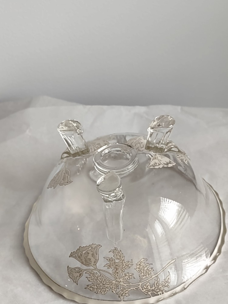 Silver Edged Glass Inlay Three Footed Dish Bowl