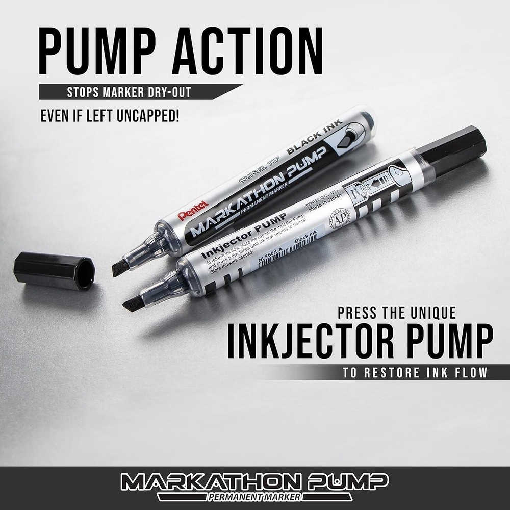 Pentel Markathon Pump Permanent Marker, Chisel Tip, Black Ink, 4 Pack