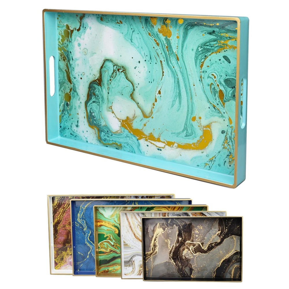 Turquoise Marbling Decorative Tray with Handles Morden Plastic Rectangular Se...