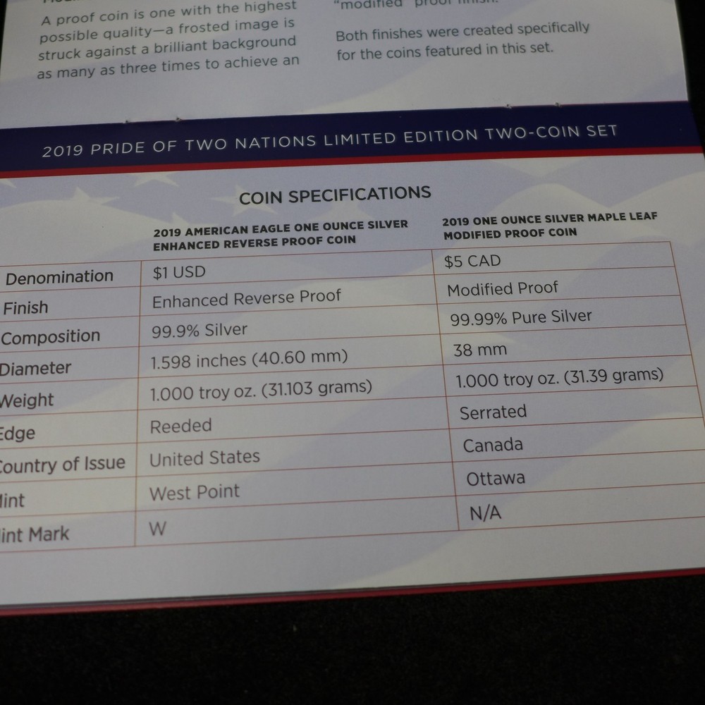 2019 W ENHANCED REVERSE PROOF SILVER EAGLE + MAPLE LEAF PRIDE OF TWO NATIONS SET