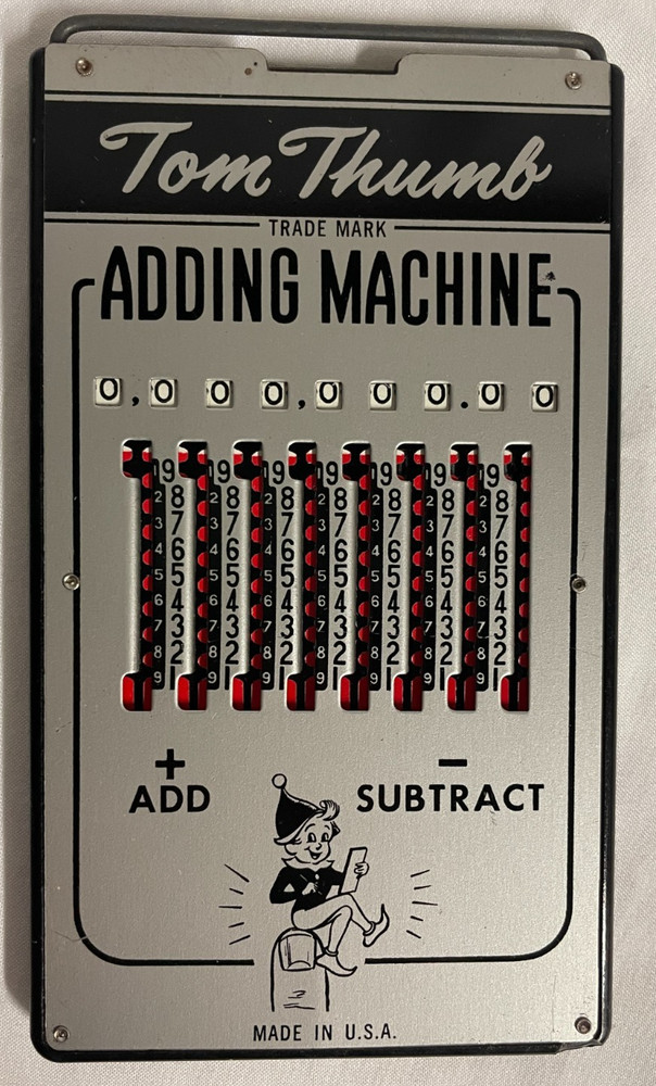 Tom Thumb Hand Adding Machine, Original Stylus, Sleeve, & Instructions