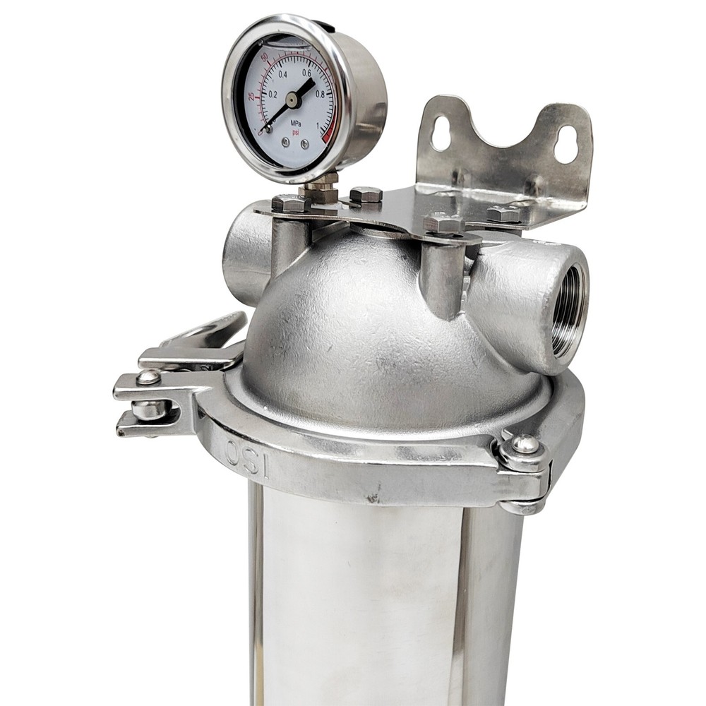 10" Corrosion-resistant Stainless Steel Filter w/Pressure Gauge 3/4"NPT 300 Mesh
