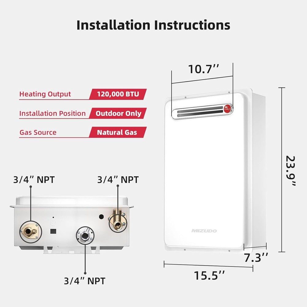 MIZUDO Natural Gas Tankless Water Heater 5.1 GPM 120,000 BTU CSA Outdoor - USED