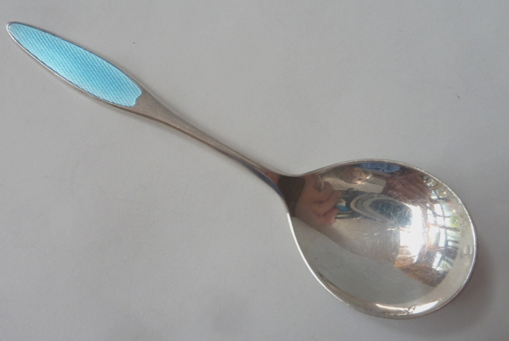 FRIGAST DENMARK STERLING SILVER BOUILLON SPOON, BLUE ENAMEL HANDLE