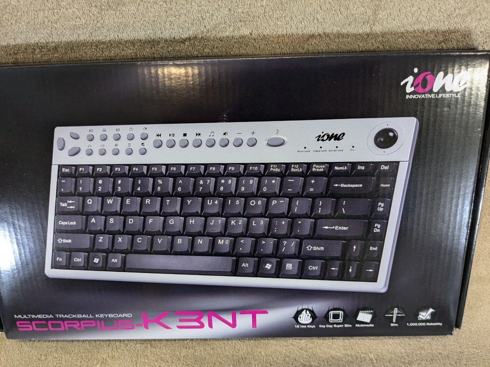 iONE SCORPIUS-K3NT Multimedia Trackball Keyboard Wired USB Interface K3NT-U