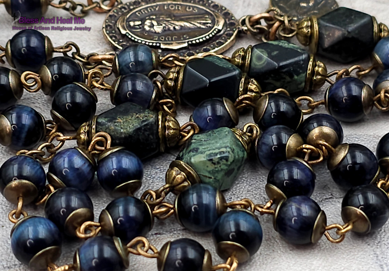 St Jude Raphael Lourdes Blue Tiger Eye Vintage Bronze Rosary