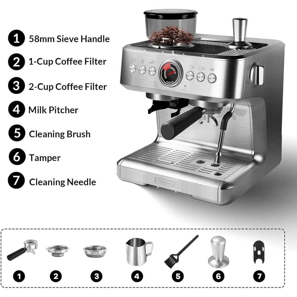 Espresso Machine with Grinder 20 Bar Semi-Automatic Coffee Maker PID Control