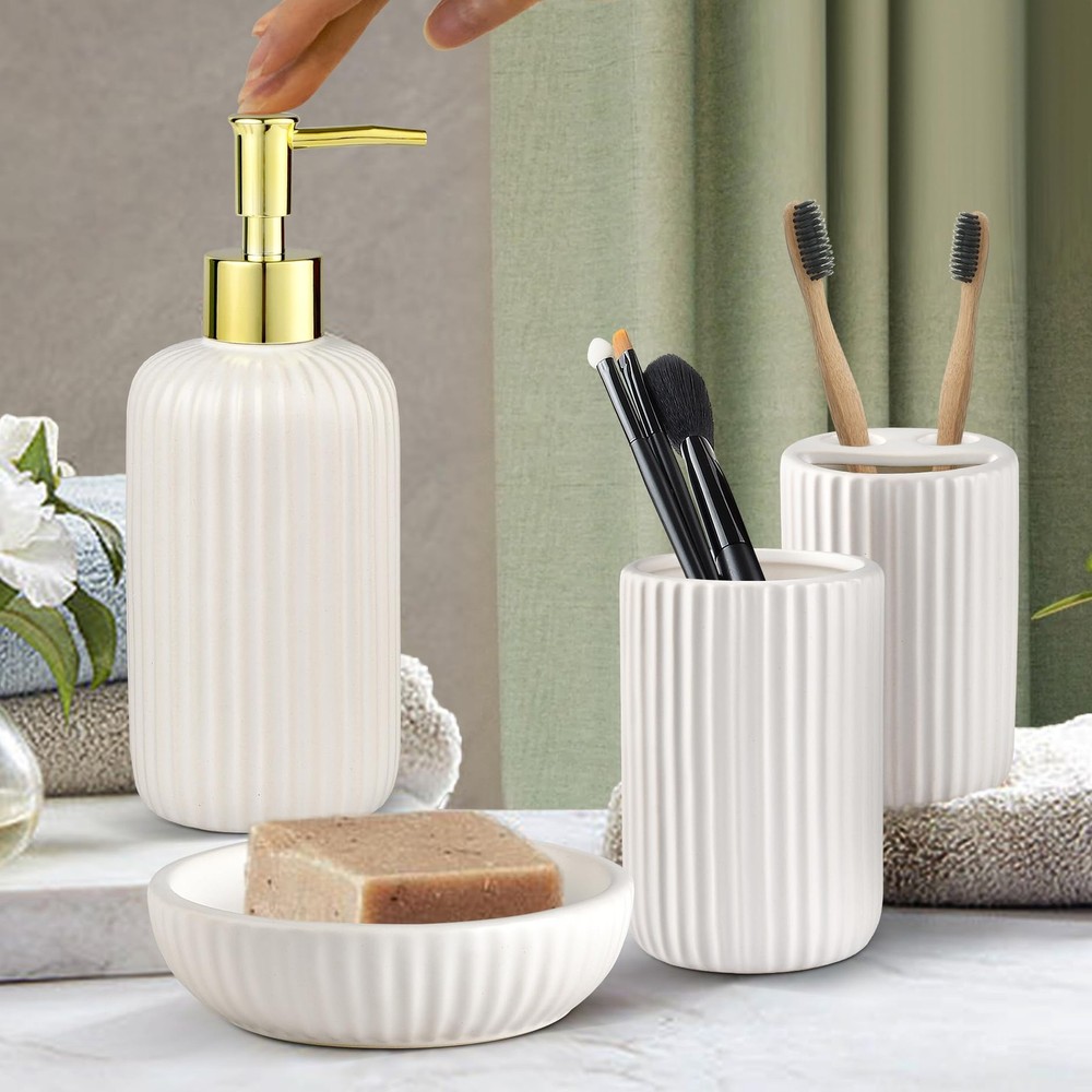 White Bathroom Set, 4PC Ceramic Bathroom Sets Complete-Toothbrush Holders, So...