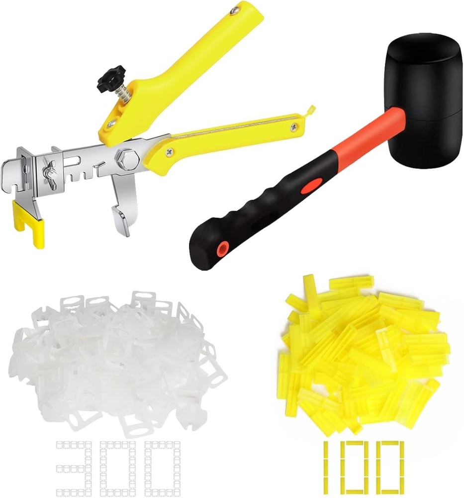 Tile Leveling System with Tile Pliers and Hammer - 300 Piece Tile Spacers Cli...
