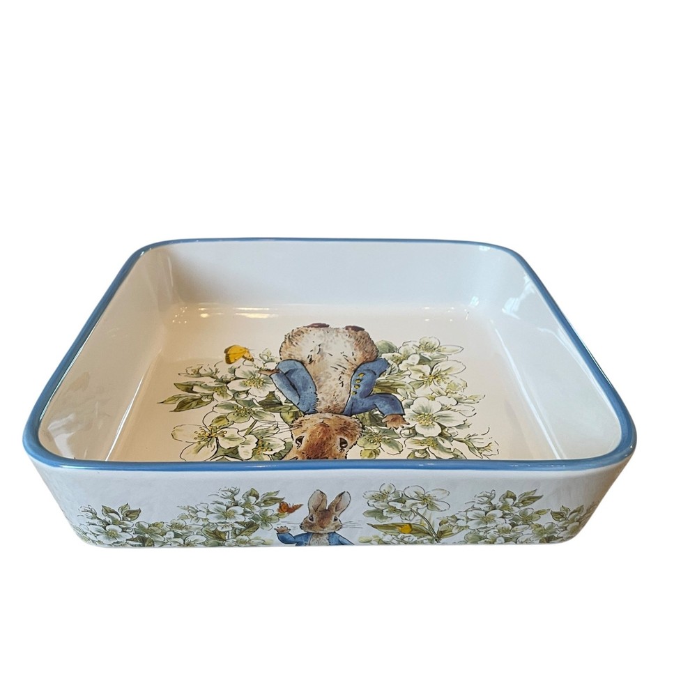 Beatrix Potter Peter Rabbit 9" Square Ceramic Baker Blue Rim Easter Bakeware NEW