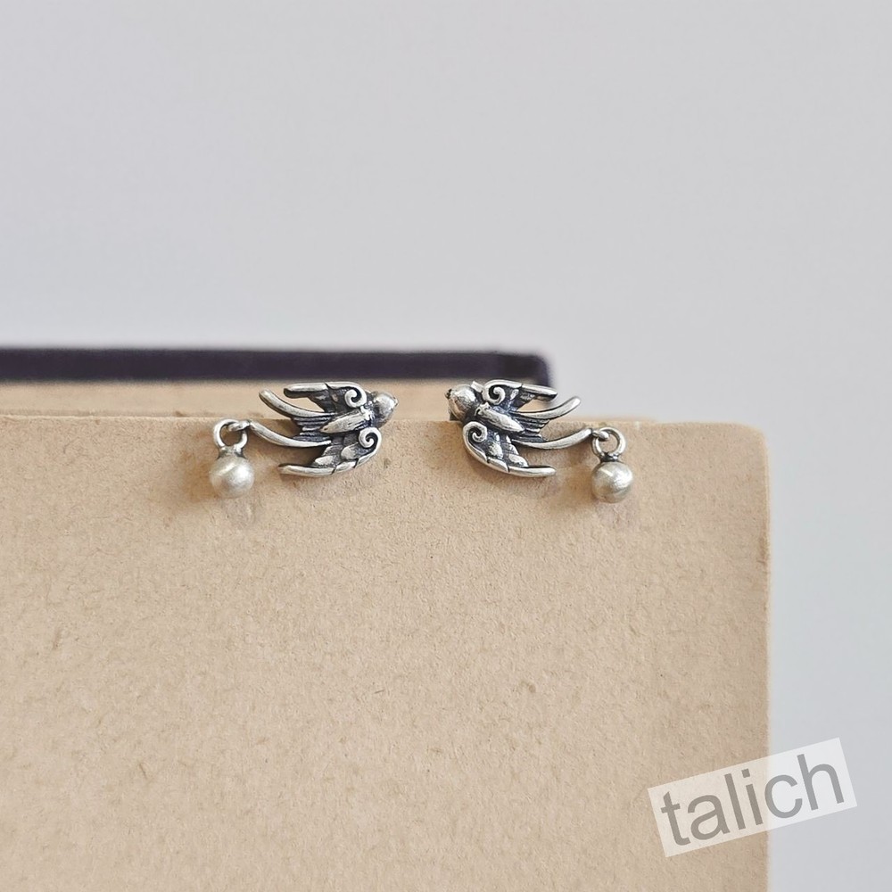 Sterling Silver Flying Swallow Bird with Tiny Bead Small Stud Earrings Unique