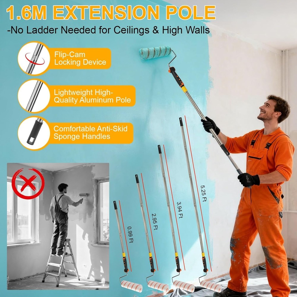 Paint Roller kit, Paint Roller Extension Pole 5ft,Paint Brushes,Paint Rollers 9"