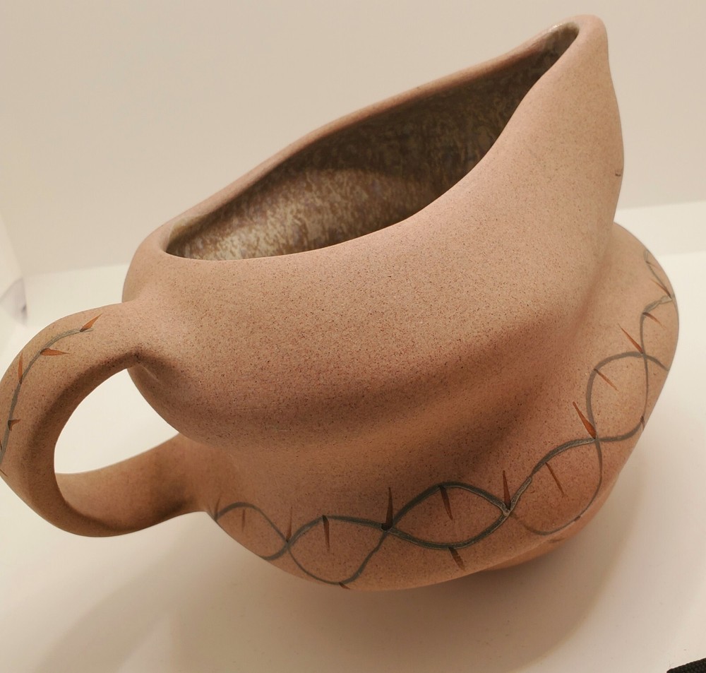 Studio Pottery Pitcher Southwest Assymetrical Glazed Inside Hand Painted