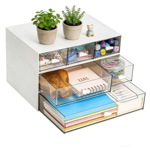 3 Tier Small Desk Organizer with 6 Drawer, Stackable Desktop Storage Box,