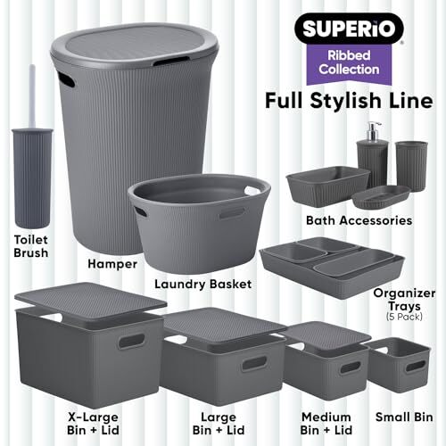 Superio 1.5 L Mini Ribbed Storage Bin- Plastic Storage Basket (Grey, 8 Pack)