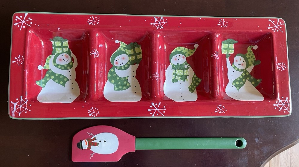 Certified International Ceramic 4 Compartment Snowman Serving Tray & Spatula