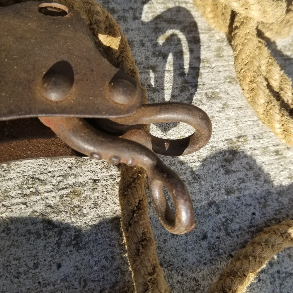Authentic Antique Barn Rope x2 pullies Hook Approx. 17ft Length 1/2" thick