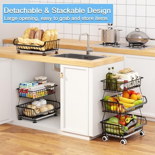 3-Tier Rolling Pantry Floor Organizer, Stackable Pantry 3 Tier Black (1 Pack）