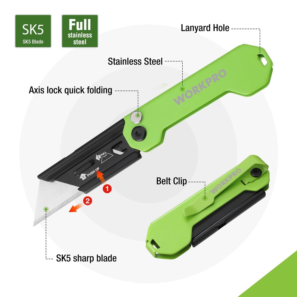 WORKPRO EDC Folding Utility Knife Mini Box Cutter with Quick Open Axis Lock USA
