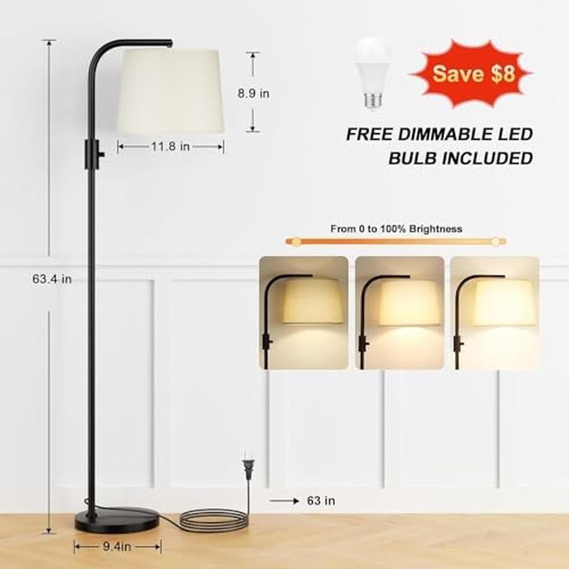 Dimmable Floor Lamp Adjustable Head 9W LED Brightness Control Reading Lighting