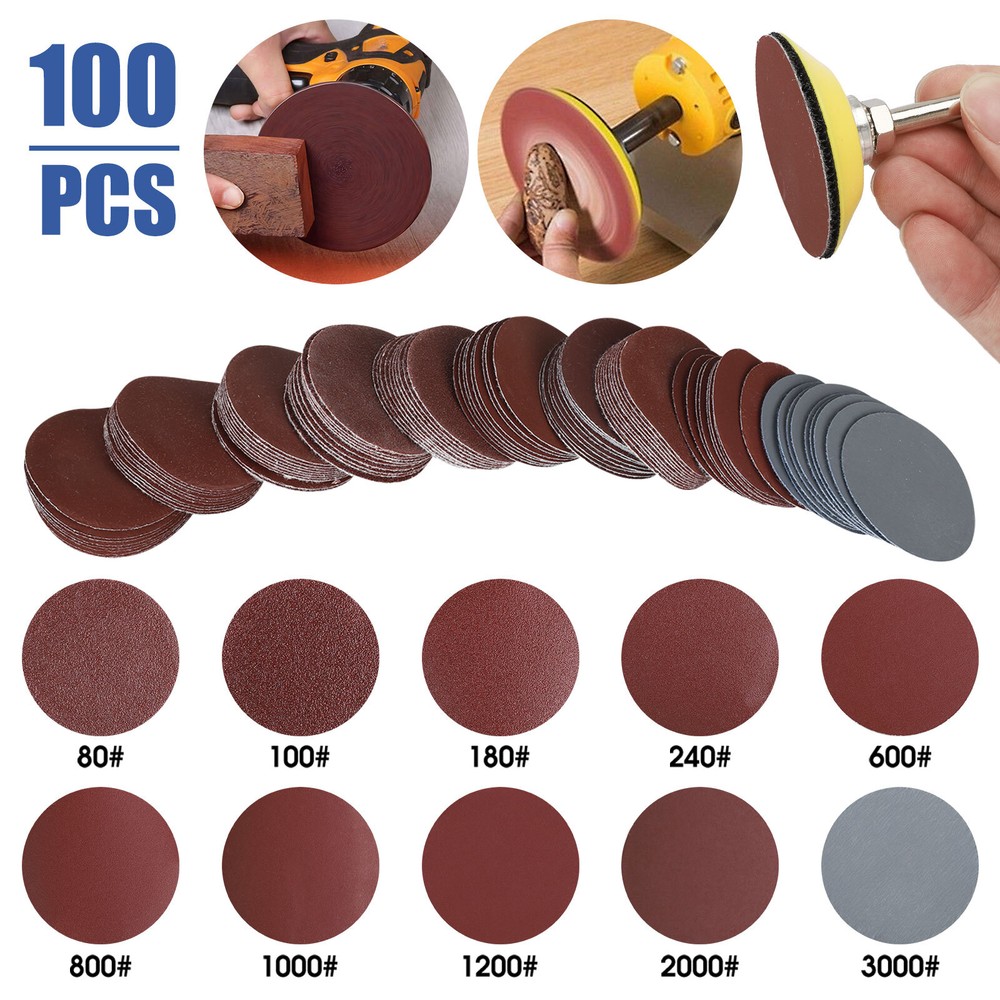 100PCS 2" Sanding Disc Sand Paper Hook Loop Sander+Backer Pad+M6 Drill Adapter