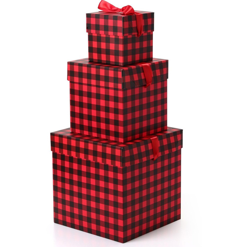 3 Pcs Christmas Nesting Gift Boxes Buffalo Plaid Xmas Stackable Boxes Black R...