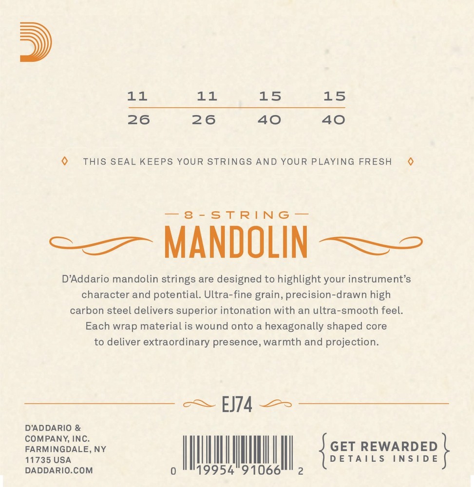 D'Addario EJ74 Mandolin Strings Phosphor Bronze Medium 11-40
