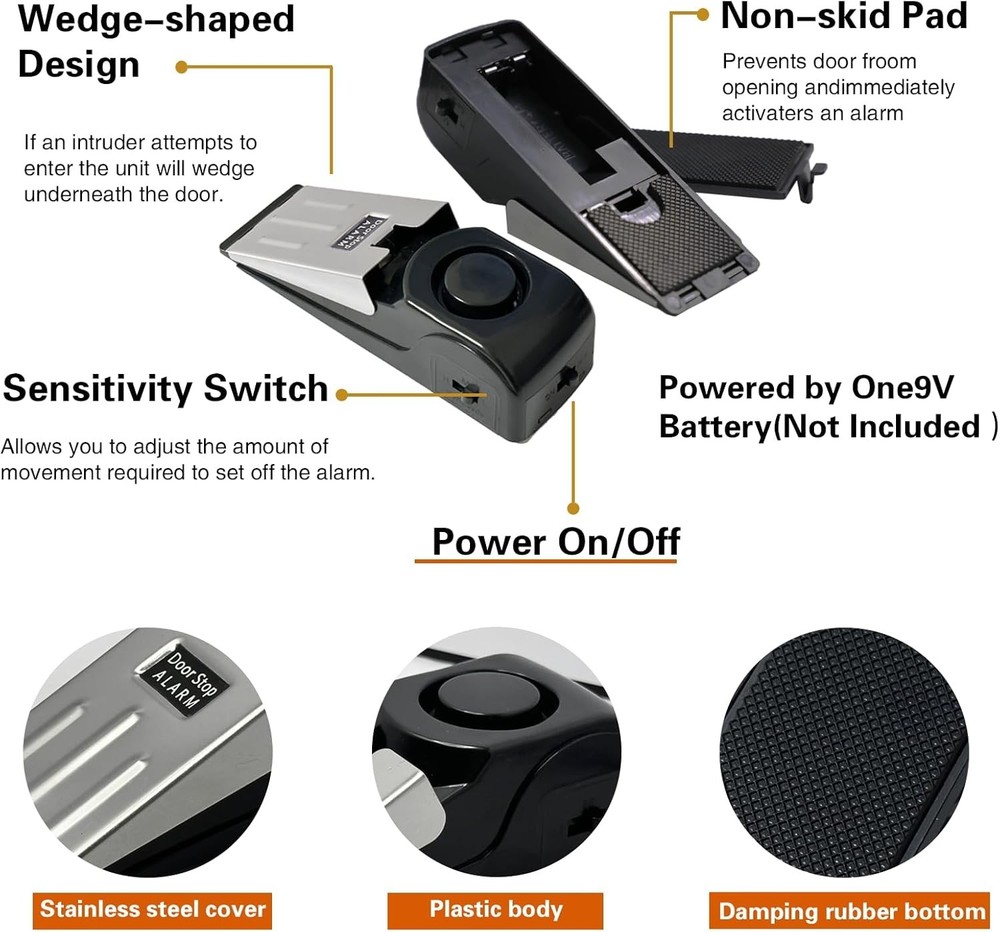 Adjustable Sensitivity Door Stop Alarm - 2 Pack Security for Apartments & Hotels