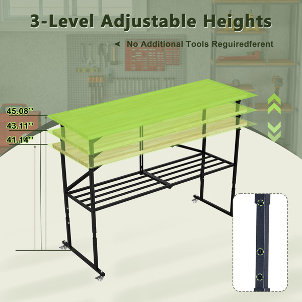 Foldable solid wood workbench with casters and adjustable height