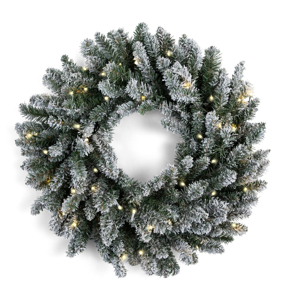 Papyrus 24" Pre-Lit Frosted Blue Spruce Artificial Wreath, Warm White Light, ...