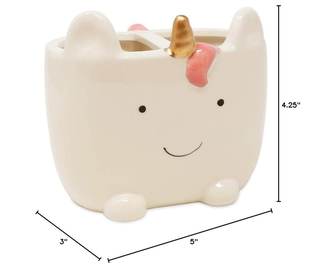 Isaac Jacobs White Ceramic Unicorn Makeup Brush Holder, Multi-Purpose 2-Secti...