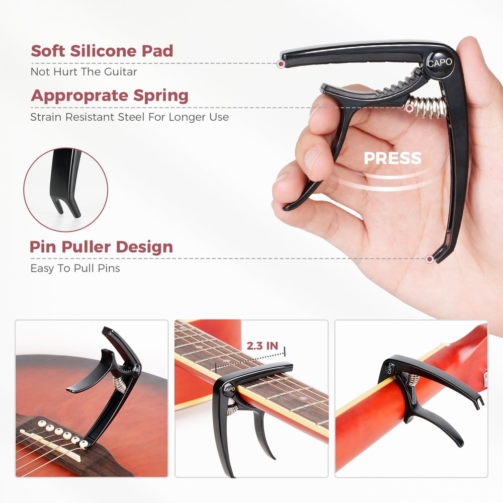 Guitar Accessories Kit - Capo, Tuner, Wall Mount Hanger, Picks, String Cleane...