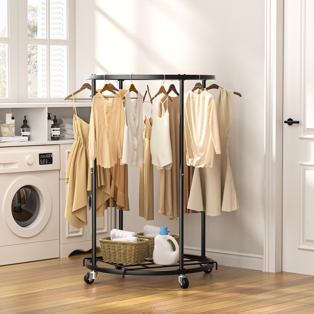 Rolling Round Clothes Organizer Garment Rack On Wheels For Small Space Clearance