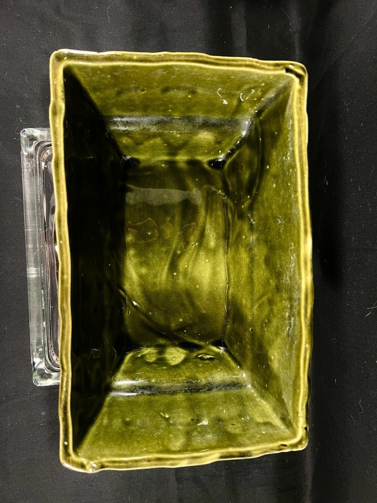 Olive Green Planter By Cookson Pottery, Rectangular With Geometric Design