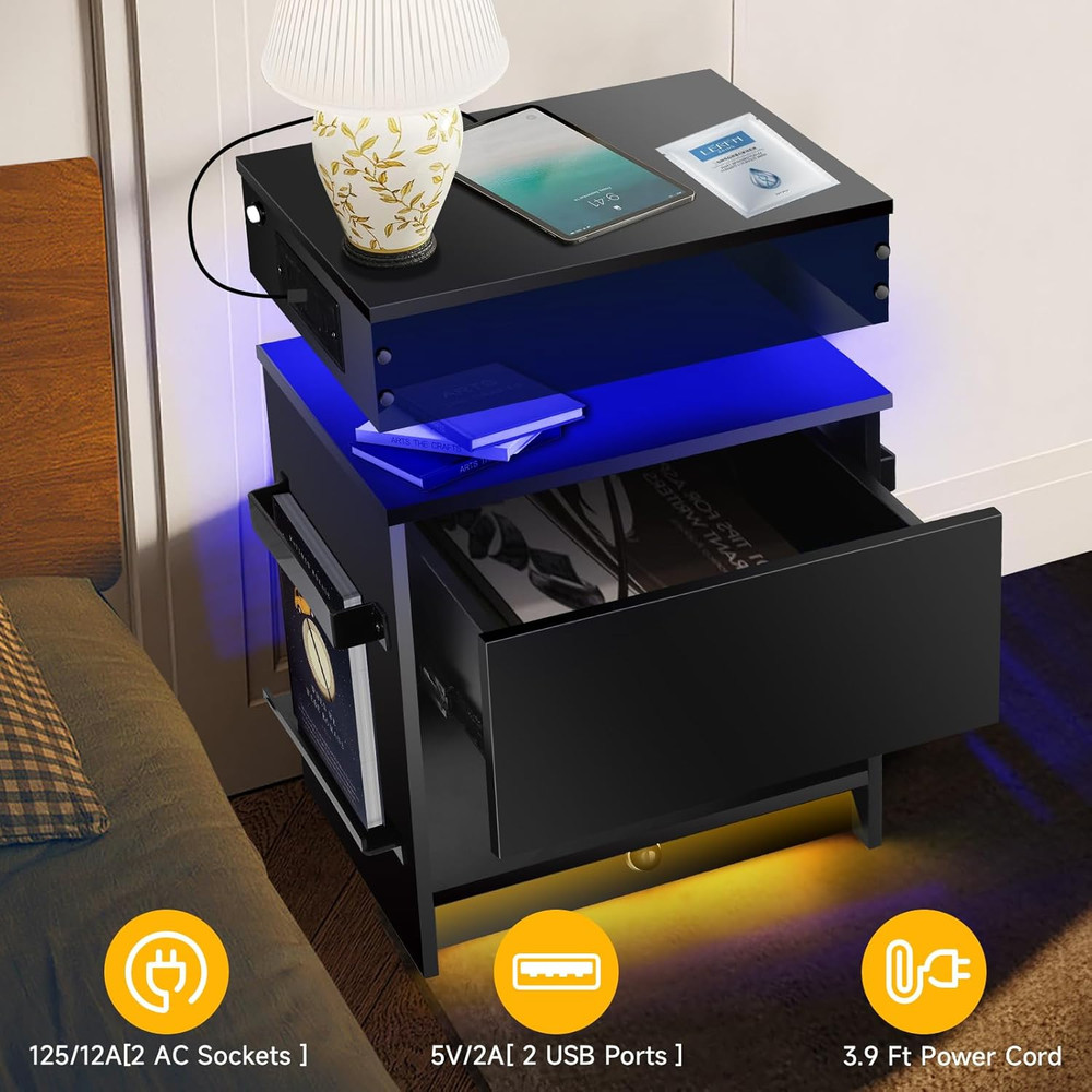 Modern Black Nightstand Set with Charging Station and LED Light, 2-Pack
