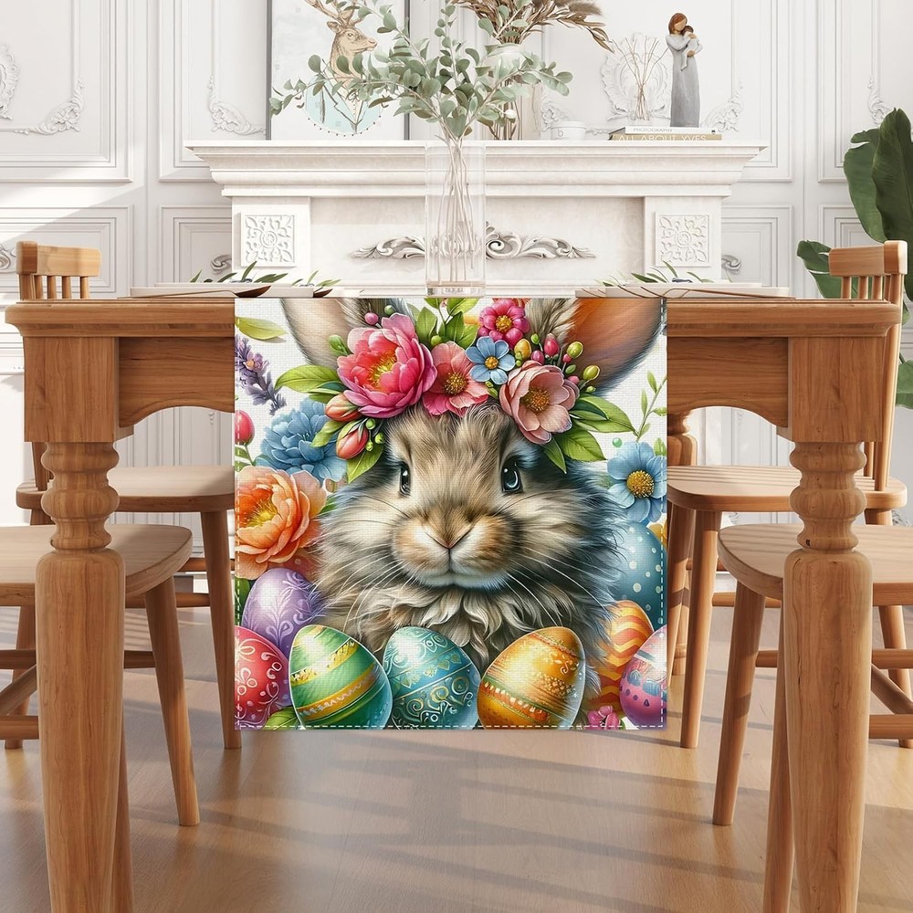 Watercolor Bunny Rabbit Flower Easter Table Runner Easter Spring Summer Home Kit