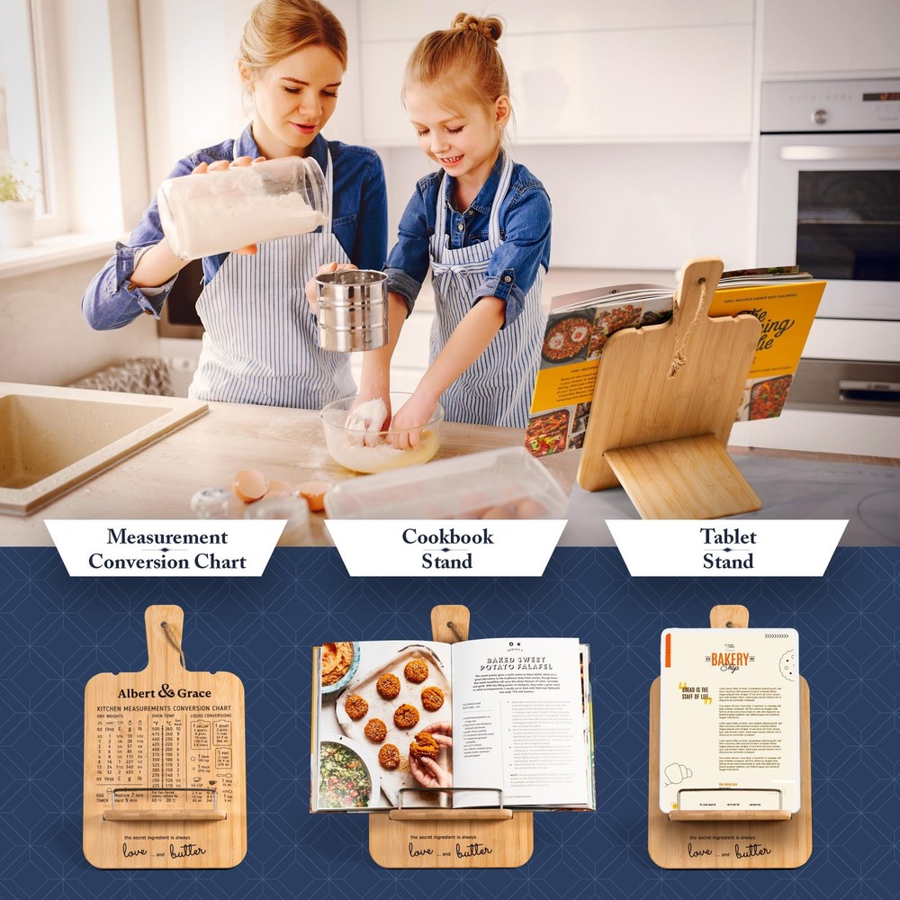 Adjustable Cookbook Stand with Conversion Chart – Recipe Book Holder for Kitc...