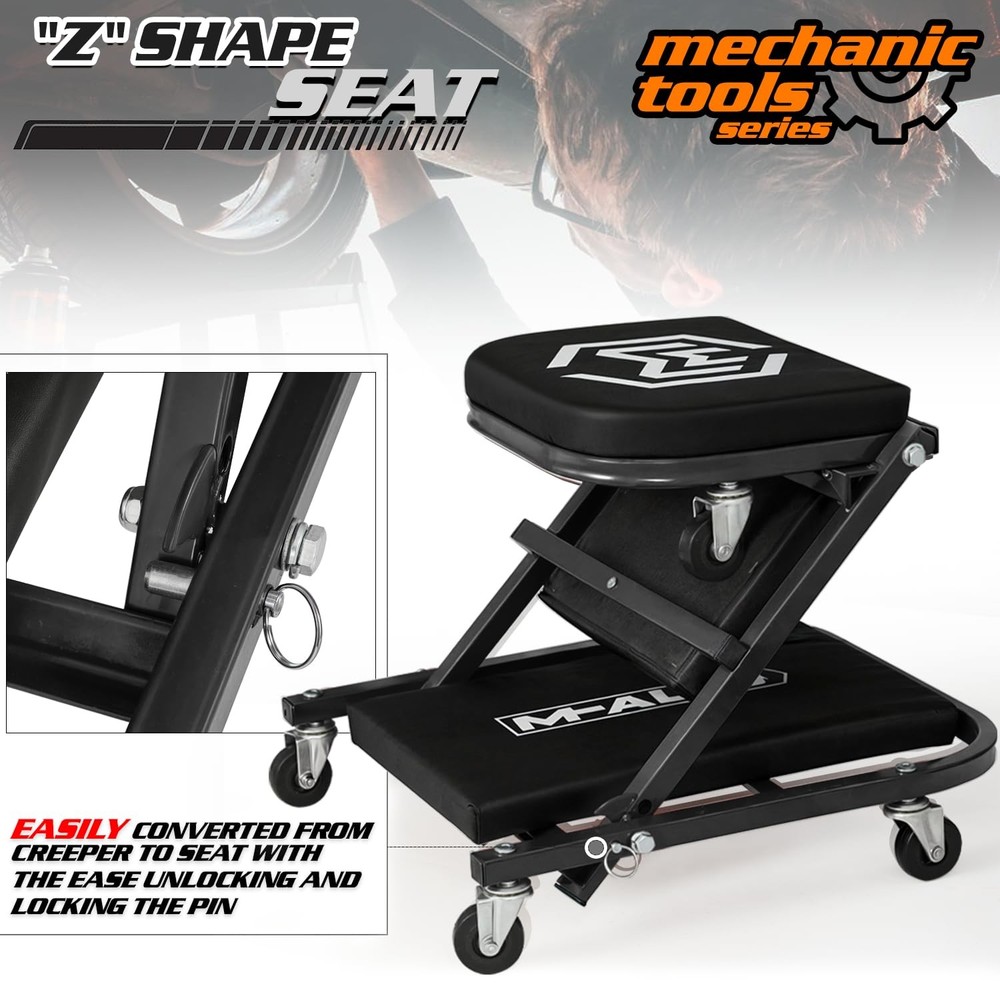 M-AUTO 40-Inch Folding Creeper Rolling Seat, All-in-One Adjustable 40", Black