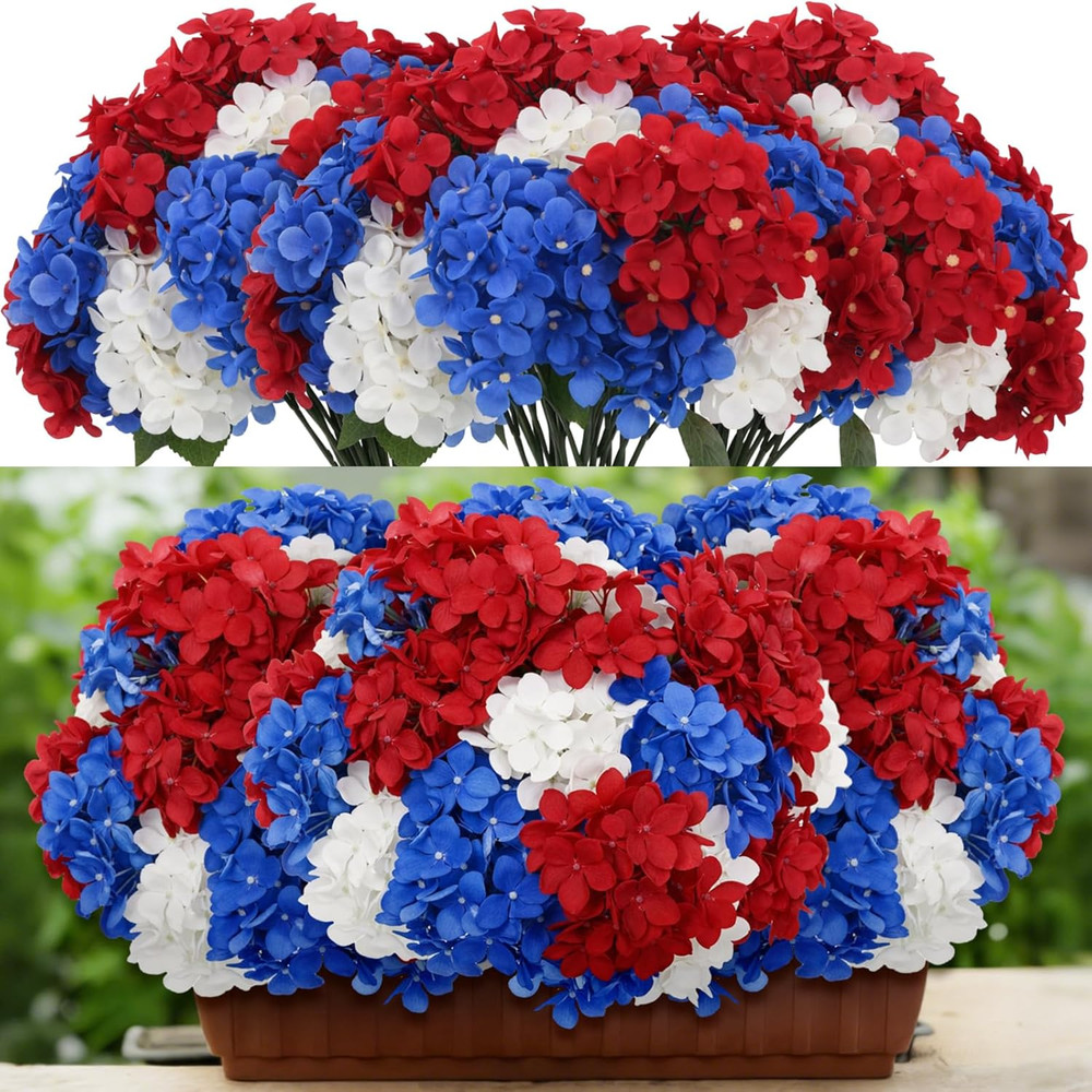 Artificial Hydrangea Flowers - 6 Bundles, 30 Heads, Red, Blue, White