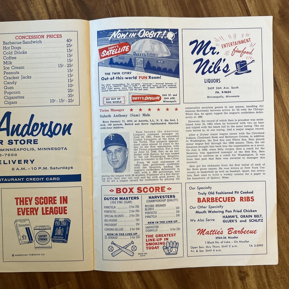 1961 Minnesota Twins First Home Game Series Program v Senators - Scored