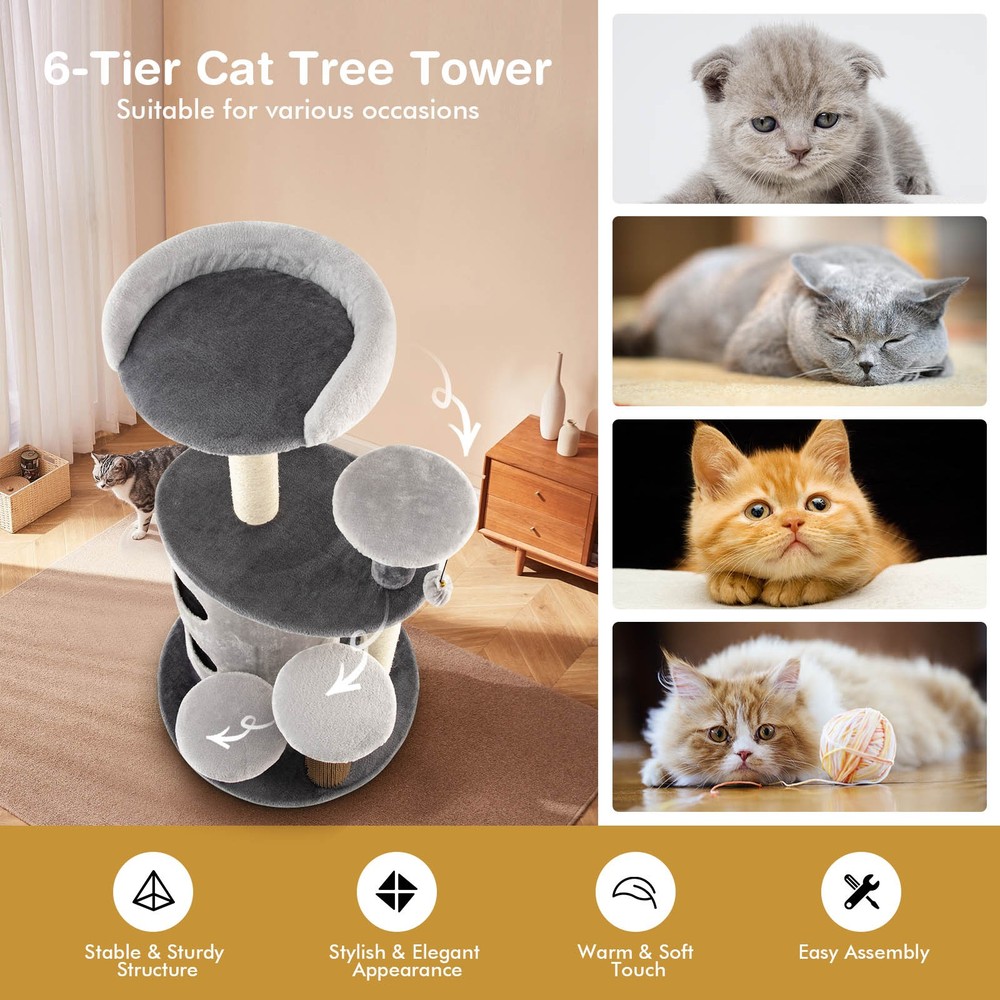 40" Cat Tree Tower Multi-Level Activity Tree with 2-Tier Cat-Hole Condo Grey