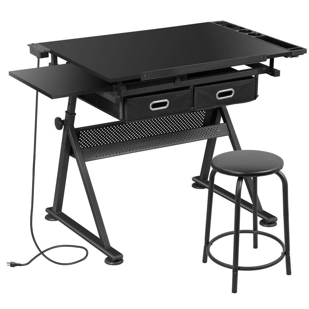 Drafting Table Adjustable Drawing Table Craft Desk w/ Charging Station Black